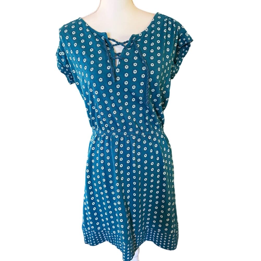 Romantic Blue Short Capped sleeve Dress with Elastic Waistband and Tie up Neck